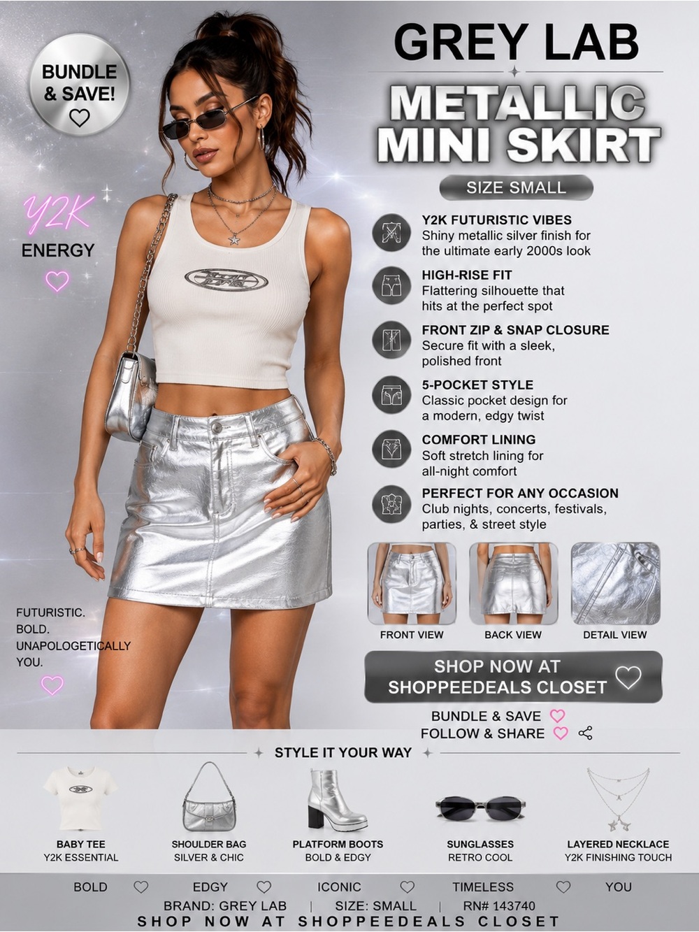 GREY LAB Silver Metallic Mini Skirt NWT | Y2K Futuristic Clubwear | Size Small